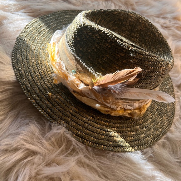 Custom-Made HandCrafted Beach Straw Fedora Hat with crystals, feathers, ribbons - Picture 3 of 8